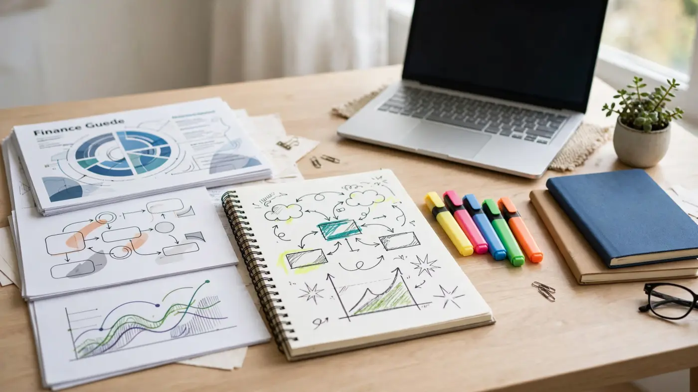 Materiales educativos de finanzas sobre un escritorio con guías y cuadernos