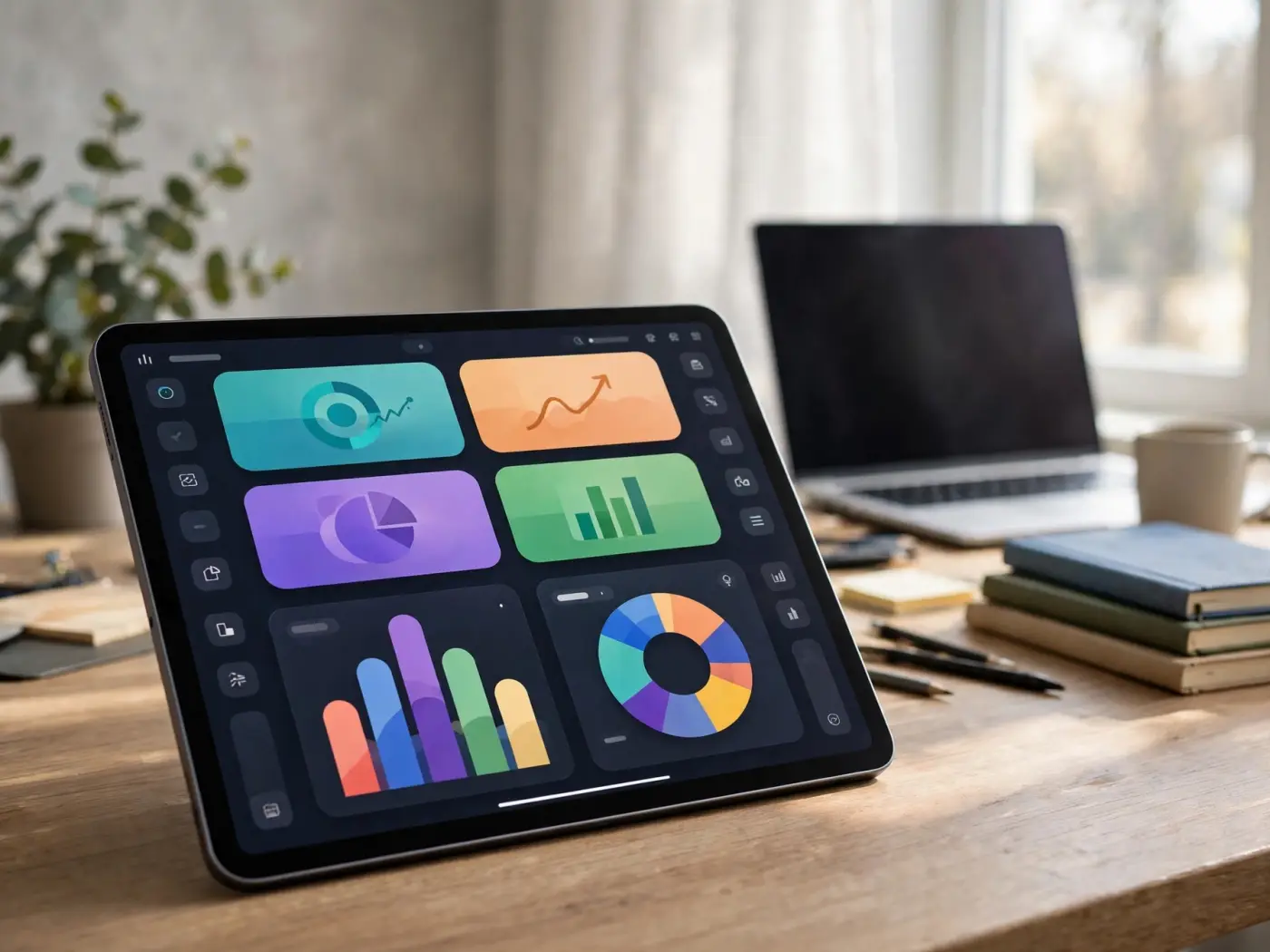 Panel financiero interactivo en una tableta con gráficos abstractos