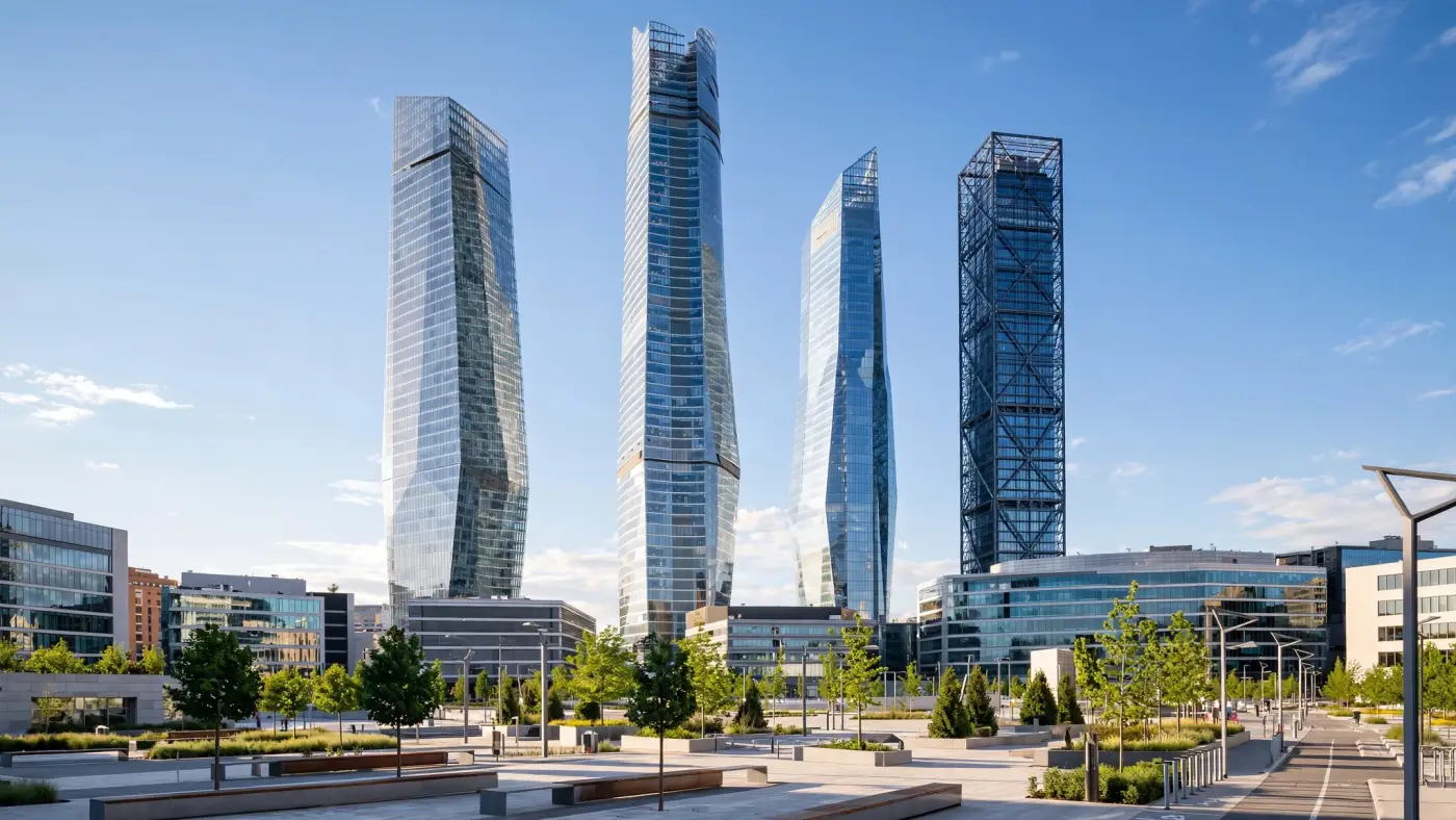 Centro financiero moderno en Madrid con rascacielos de cristal y acero